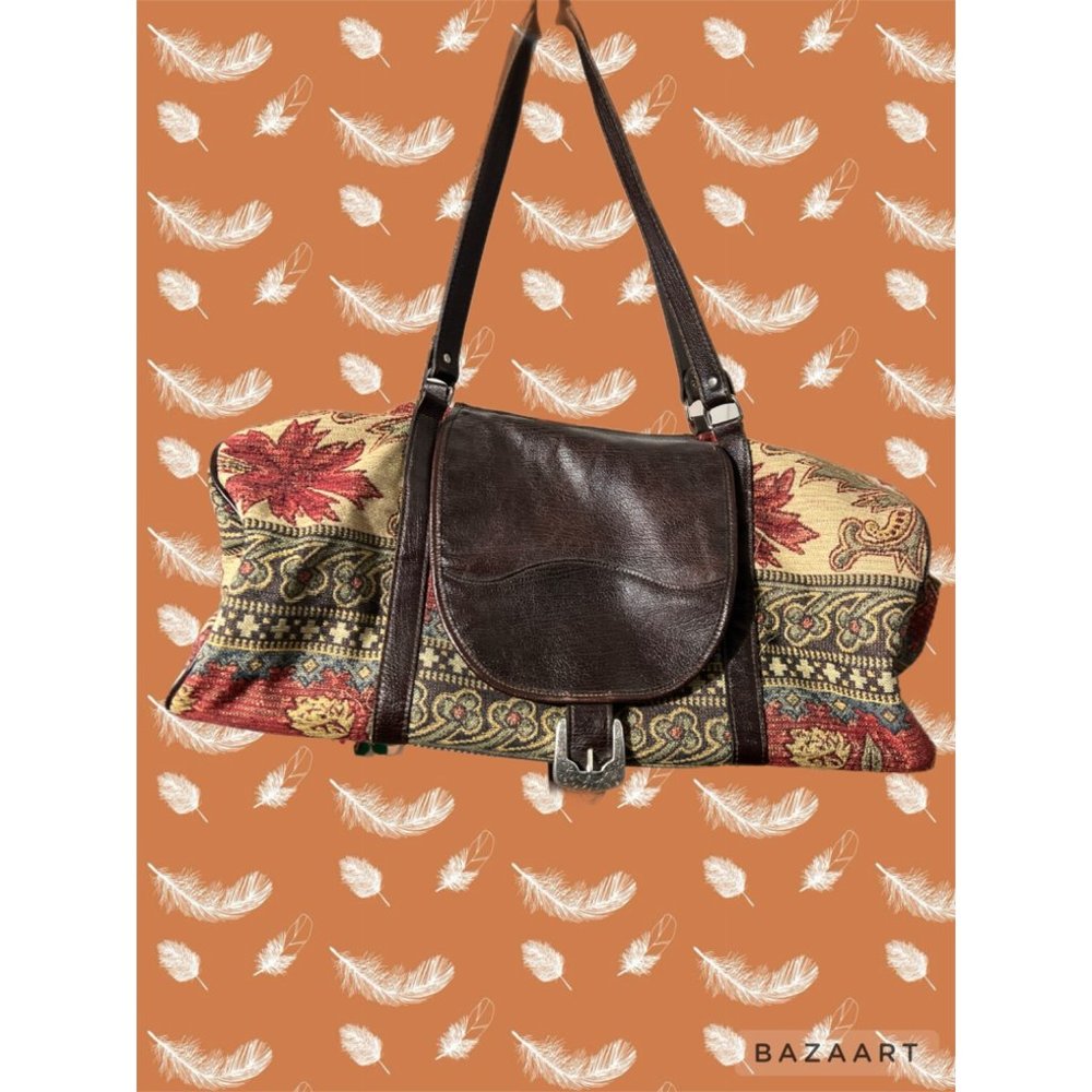 Navasota Brand Travel Bag Leather & Tapestry Design Like New Condition